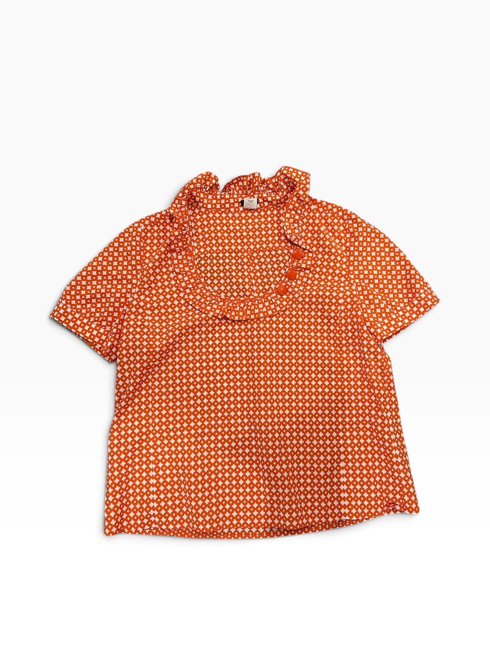 J.Crew Women's Ruffle Neck Short Sleeve Top Blouse Orange White Size 14